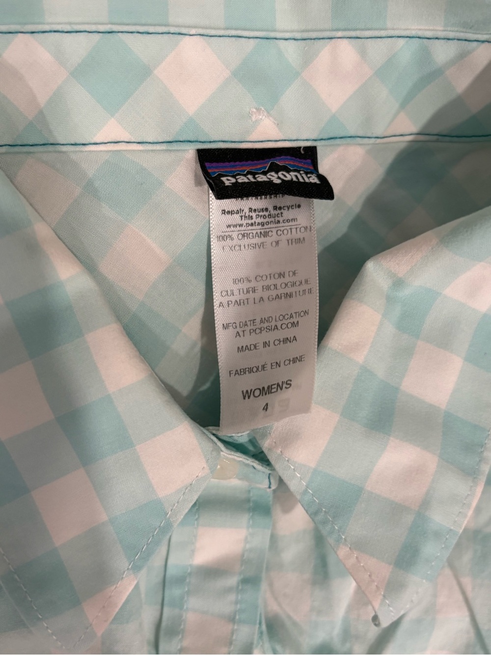 Patagonia Women's Aqua and White Gingham Button-Down Shirt